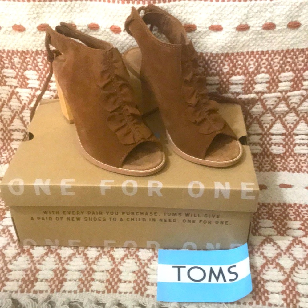 Toms Dark Amber suede/ruffle high heel with wood heel. Back tie. Worn once!